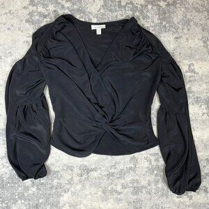 New Topshop Long Sleeve Wrap & Twist Front Shiny Black Blouse Sz 6